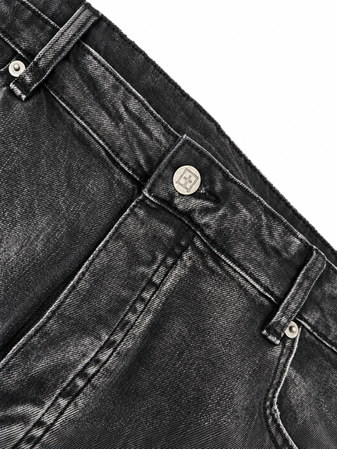Ksubi Chitch Carbon Black button and waistband detail on white background