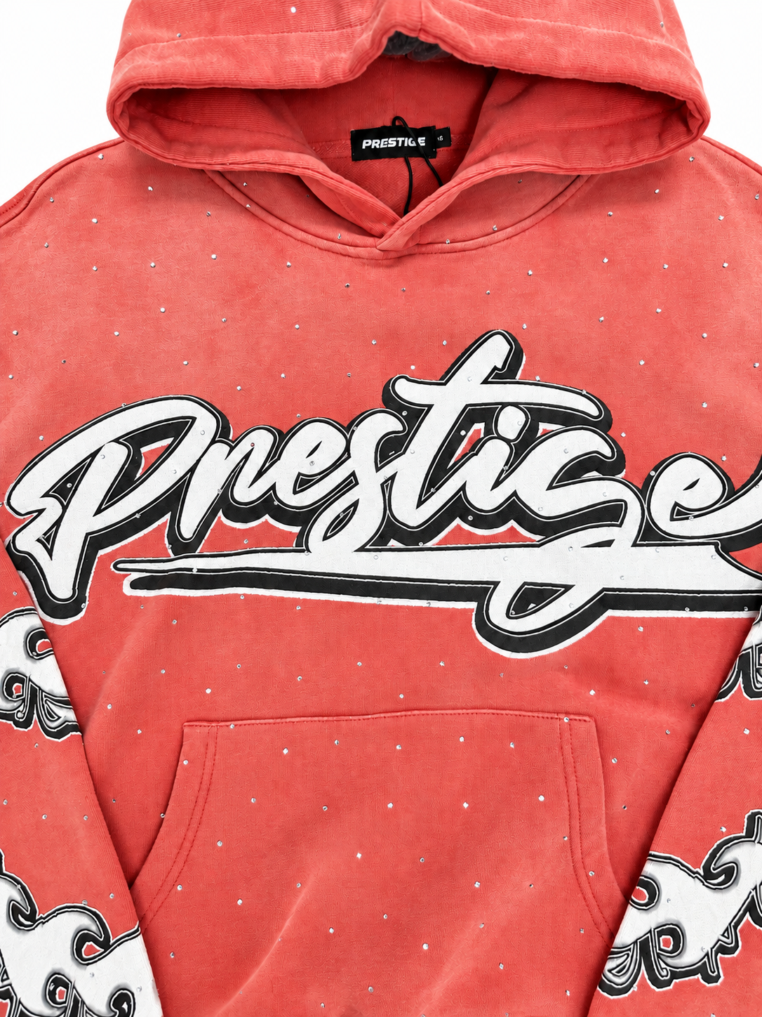 Prestige washed red rhinestone hoodie detail