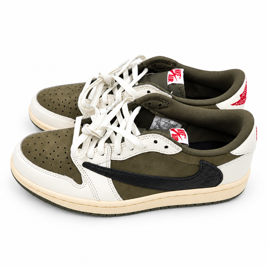 Angled view of both olive and cream sneakers