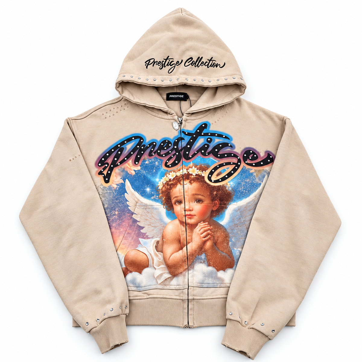 Beige Prestige Collection angel rhinestone zip-up hoodie, front view