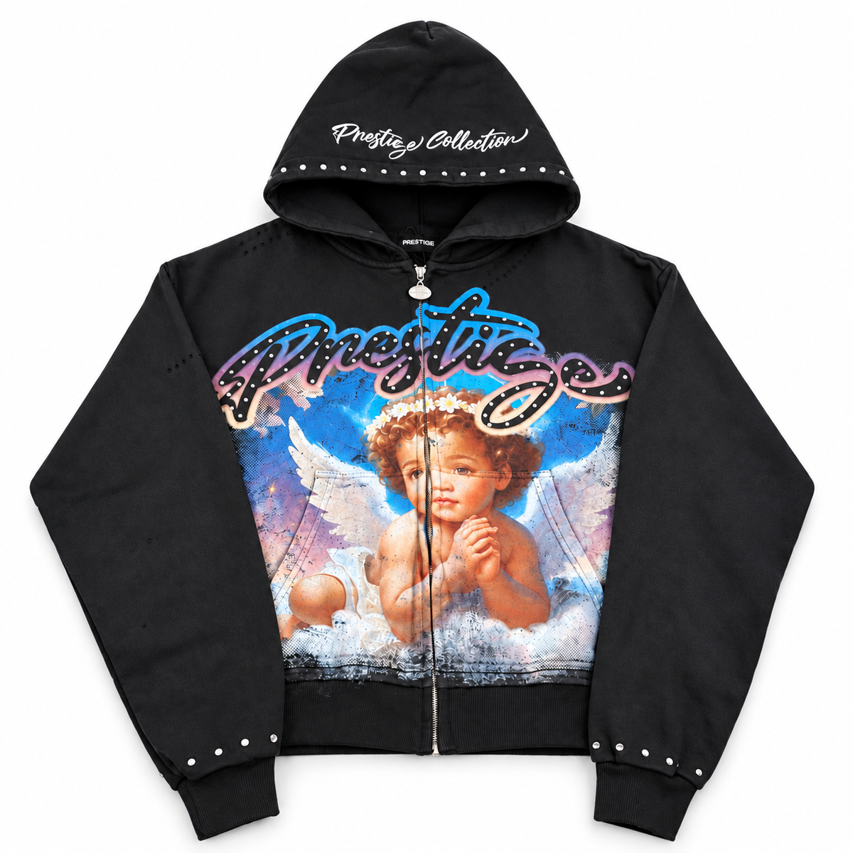 Prestige Collection black and blue angel rhinestone zip-up hoodie