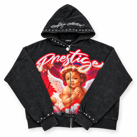 Prestige Collection black and red angel rhinestone zip-up hoodie