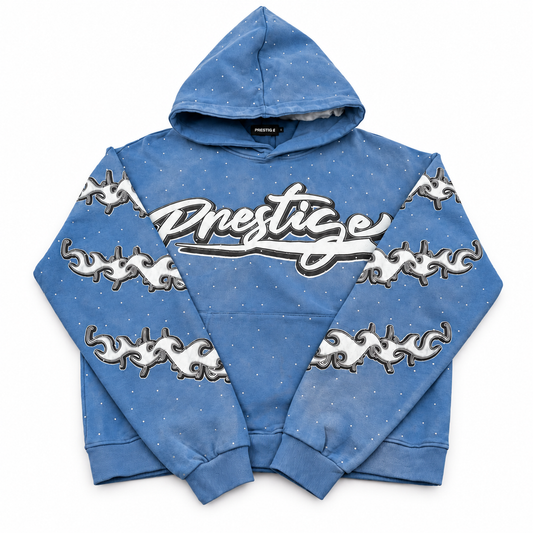 Blue Prestige rhinestone pullover hoodie — main front